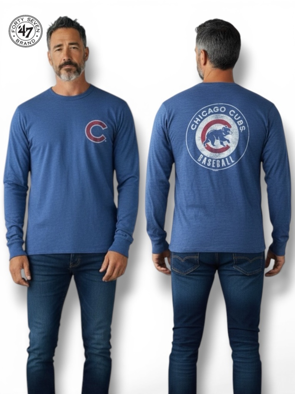 ‘47 Brand Men’s Chicago Cubs MLB Long Sleeve Cotton Slub Graphic Tee  | Size L